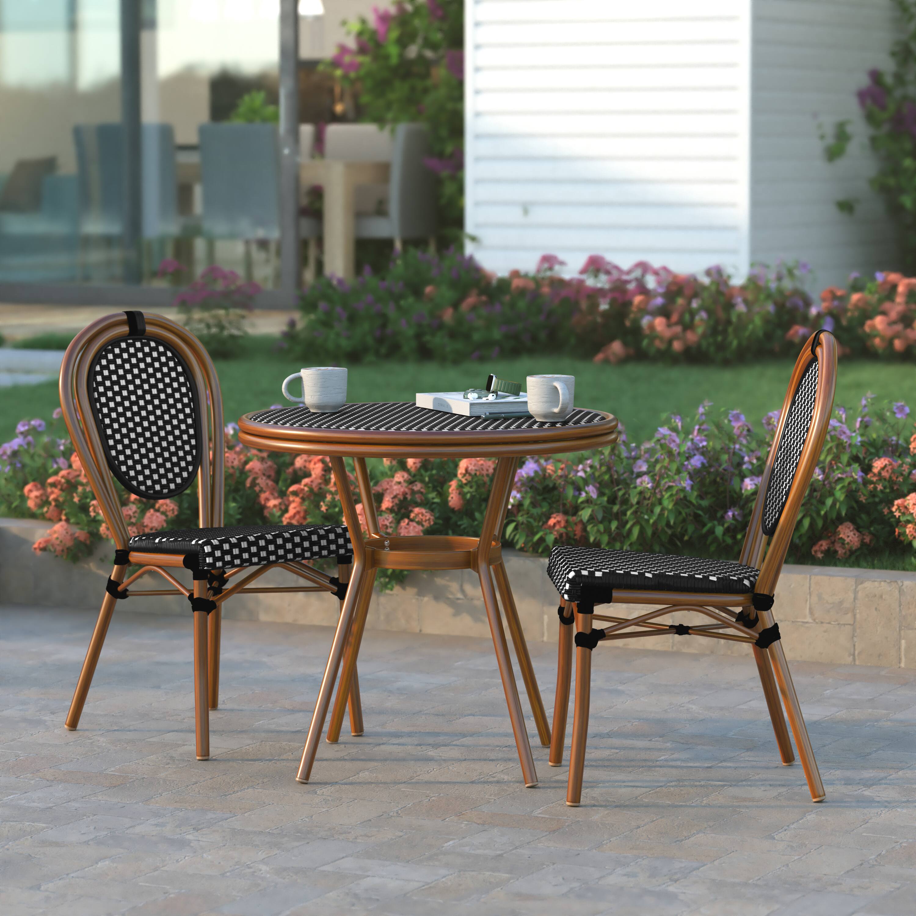 Alt View 3. Emma + Oliver - Colmar Indoor/Outdoor Bistro Style 31.5 in. Table with PE Rattan, Glass Top, and Two Chairs - Metal Frame - Black & White Rattan/Natural Frame.
