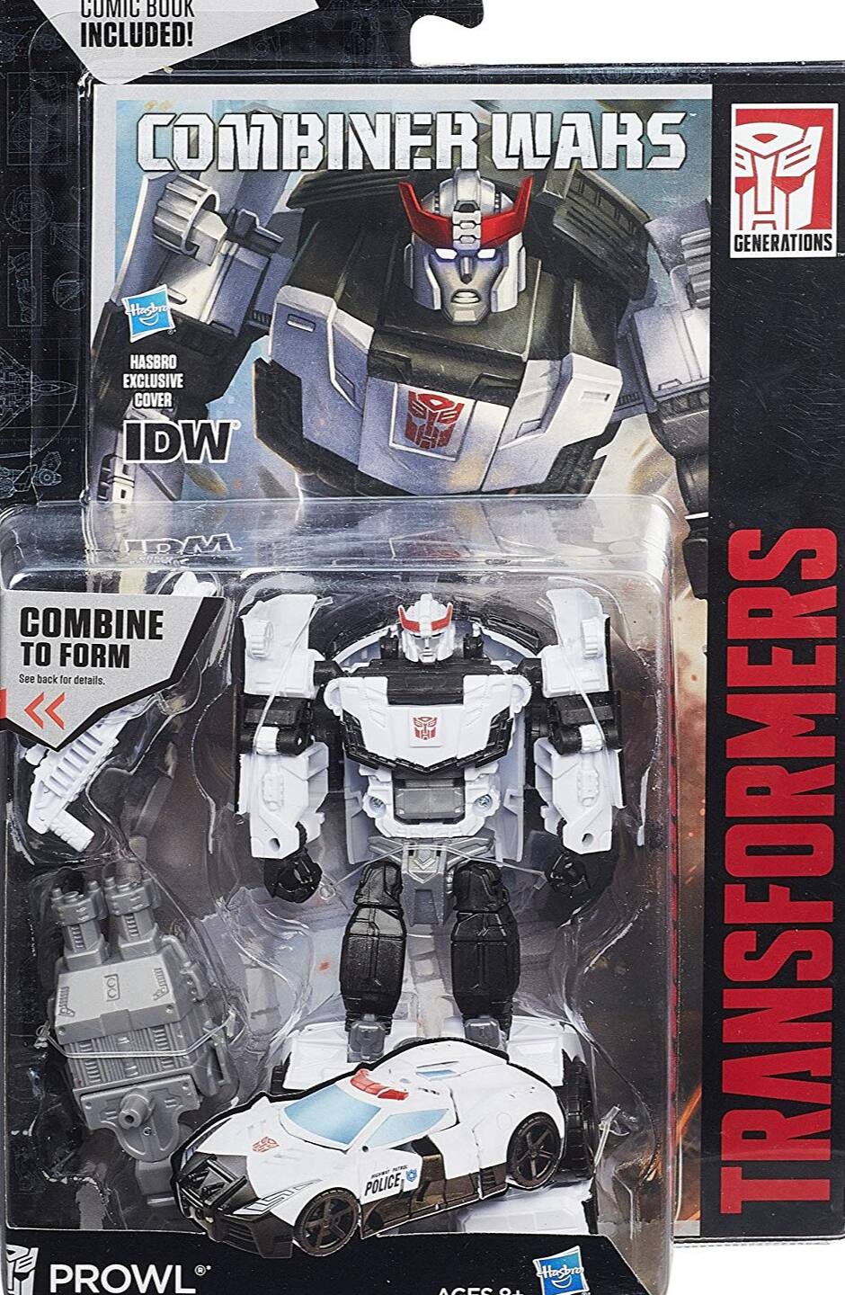 COMIC BOOK INCLUDED!  
COMBINER WARS GENERATIONS  
HASBRO EXCLUSIVE COVER  
IDW  

COMBINE TO FORM  
See back for details.  

TRANSFORMERS  
PROWL®  

AGES 8+