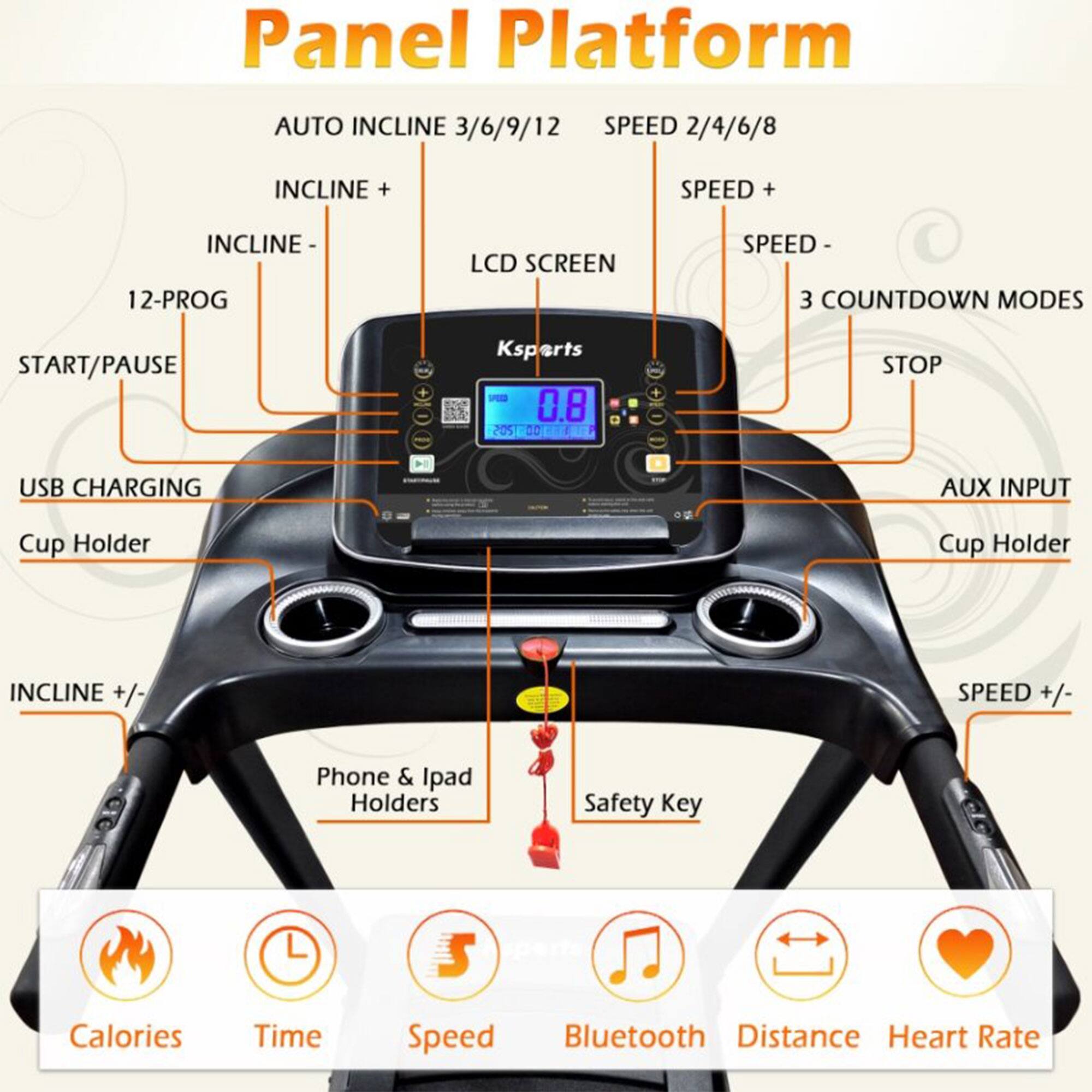 Panel Platform

- AUTO INCLINE 3/6/9/12
- SPEED 2/4/6/8
- INCLINE +/-
- LCD SCREEN
- 12-PROG
- START/PAUSE
- USB CHARGING
- AUX INPUT
- 3 COUNTDOWN MODES
- STOP
- INCLINE +/- SPEED +/-
- Cup Holder
- Phone & Ipad Holders
- Safety Key
- Calories
- Time
- Speed
- Bluetooth
- Distance
- Heart Rate