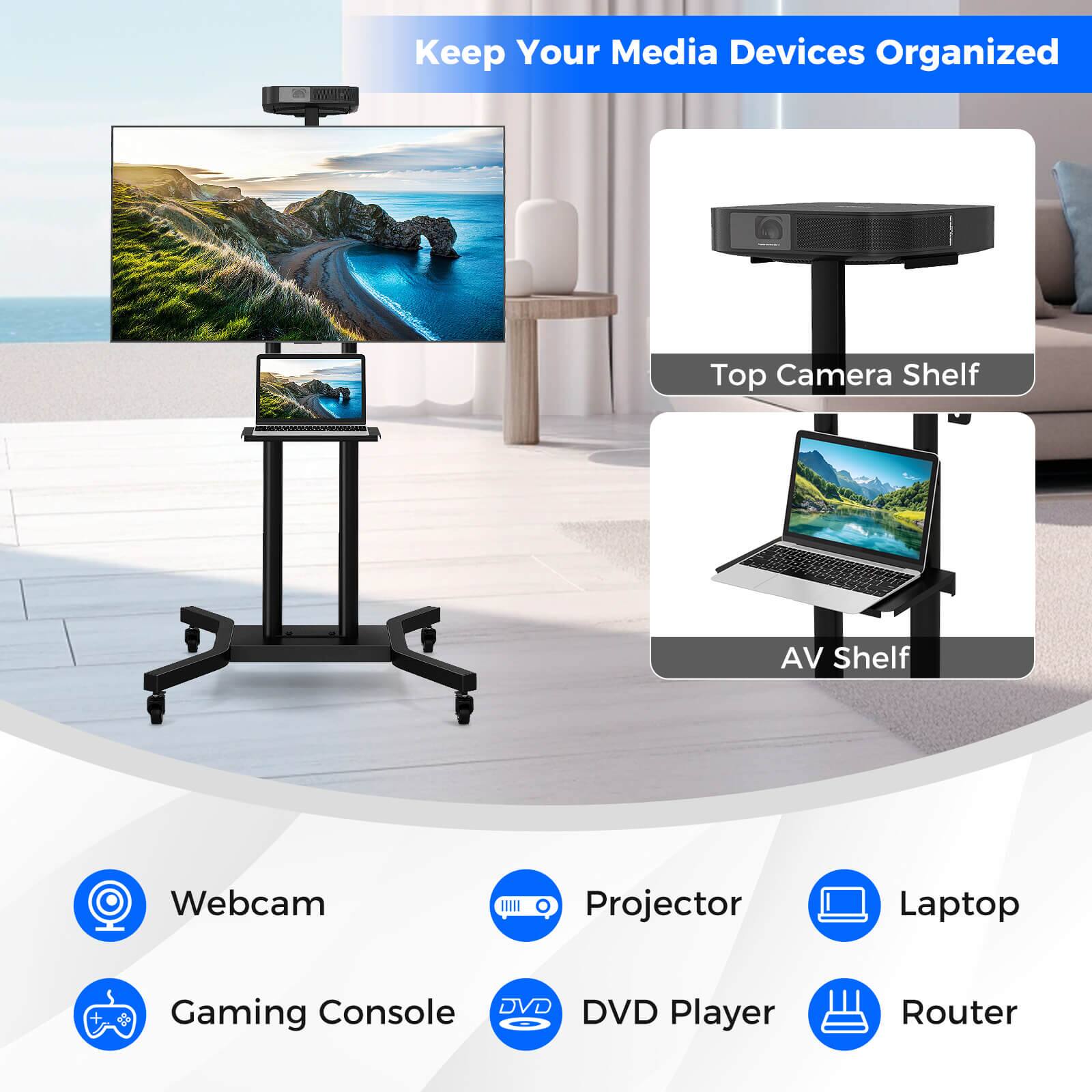 Keep Your Media Devices Organized: Top Camera Shelf, AV Shelf, Webcam, Projector, Laptop + Gaming Console, DVD Player, Router.
