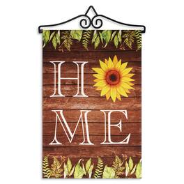 G128 - Combo Pack Garden Flag Hanger 14.2 in with 12 x 18 in Double-Sided Blockout Garden Flag — Home Sunflower on Rustic Wood - Brown