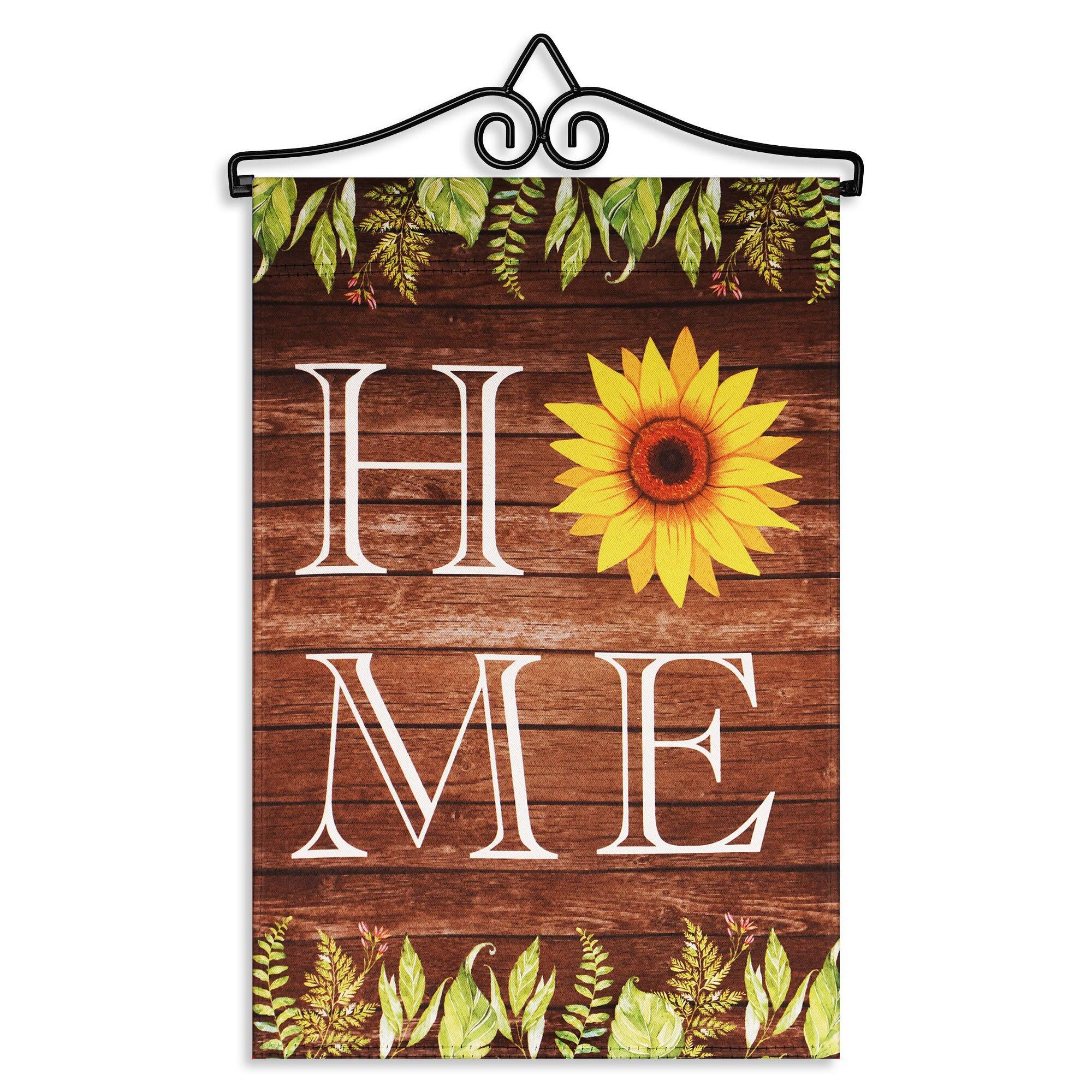 Front. G128 - Combo Pack Garden Flag Hanger 14.2 in with 12 x 18 in Double-Sided Blockout Garden Flag — Home Sunflower on Rustic Wood. - Brown.