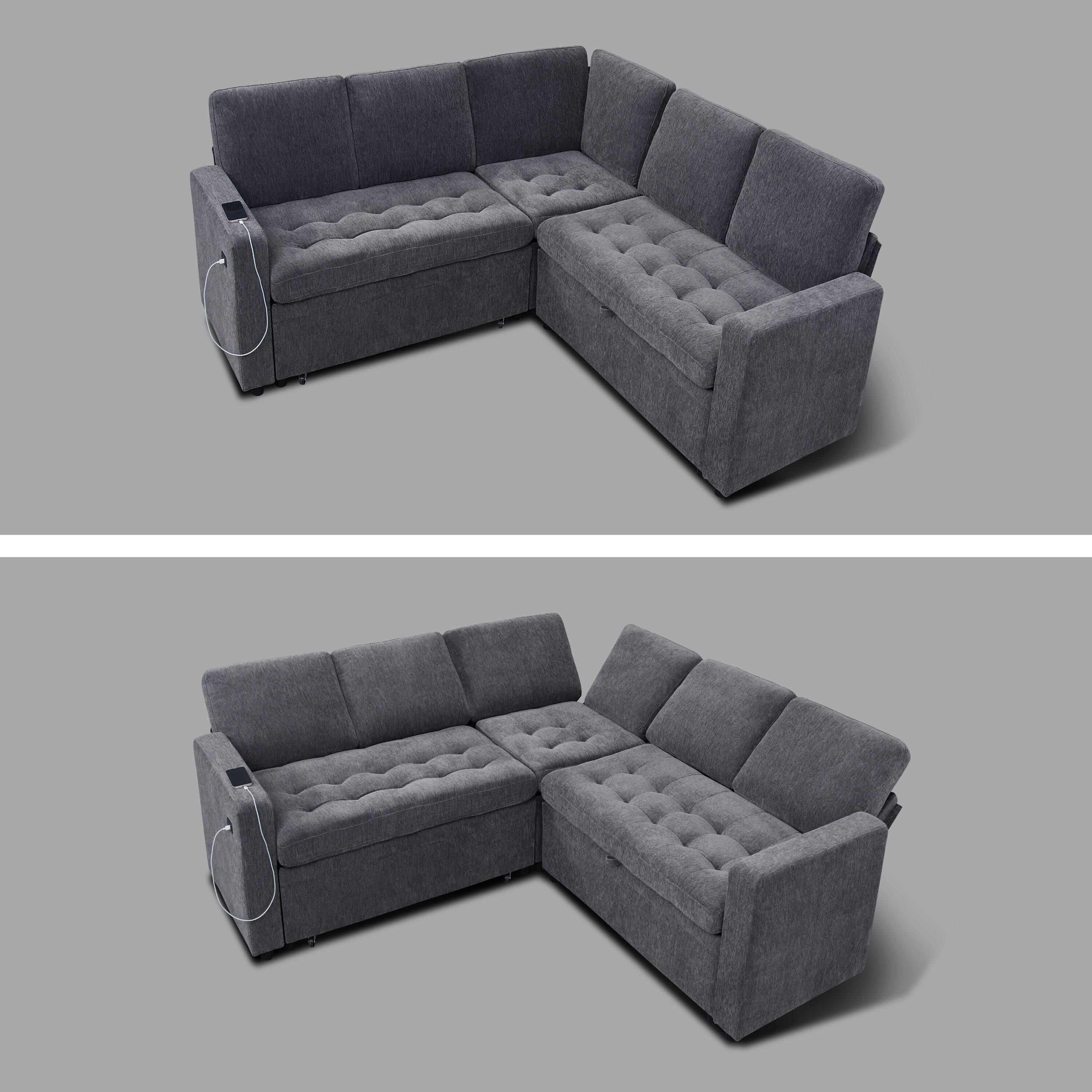 Left. Dyonery - Dyonery 78-inch 5-seater, modular sofa with pull-out bed, adjustable backrest/storage seat, tool-free assembly - Grey.