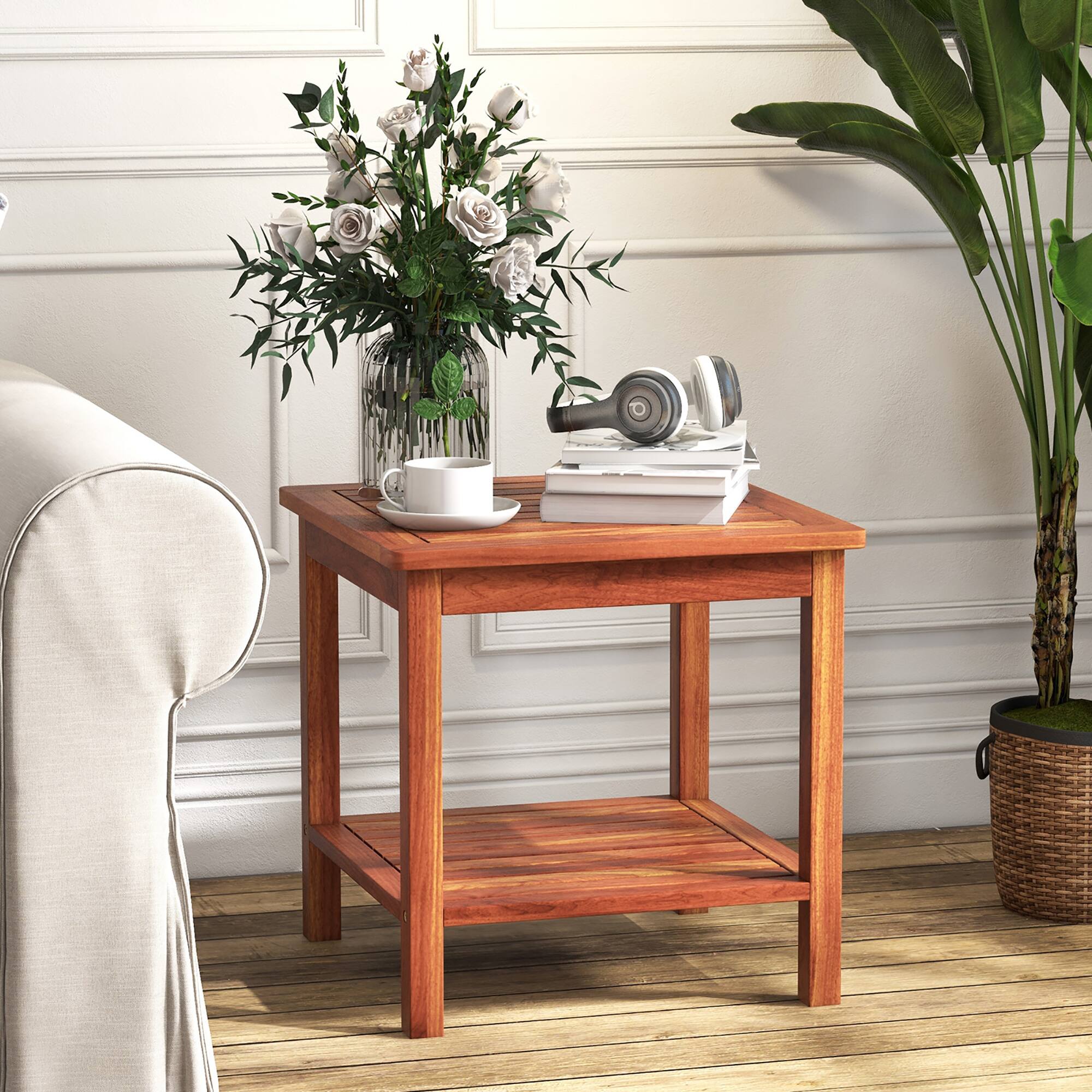 Alt View 5. Gymax - Gymax 2 Pieces Adirondack Outdoor Side Table Patio 2-Tier Square End Table Sturdy Coffee Table - Natural.