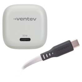 Ventev - 30W ULTRAFAST USB-C Mini GaN Wall Charger and USB-C to USB-C Cable - White