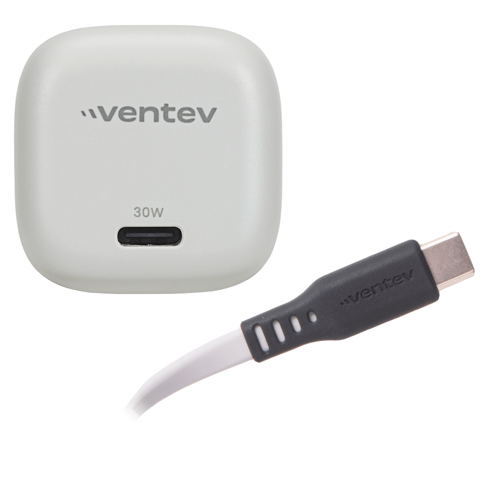 Ventev - 30W ULTRAFAST USB-C Mini GaN Wall Charger and USB-C to USB-C Cable - White