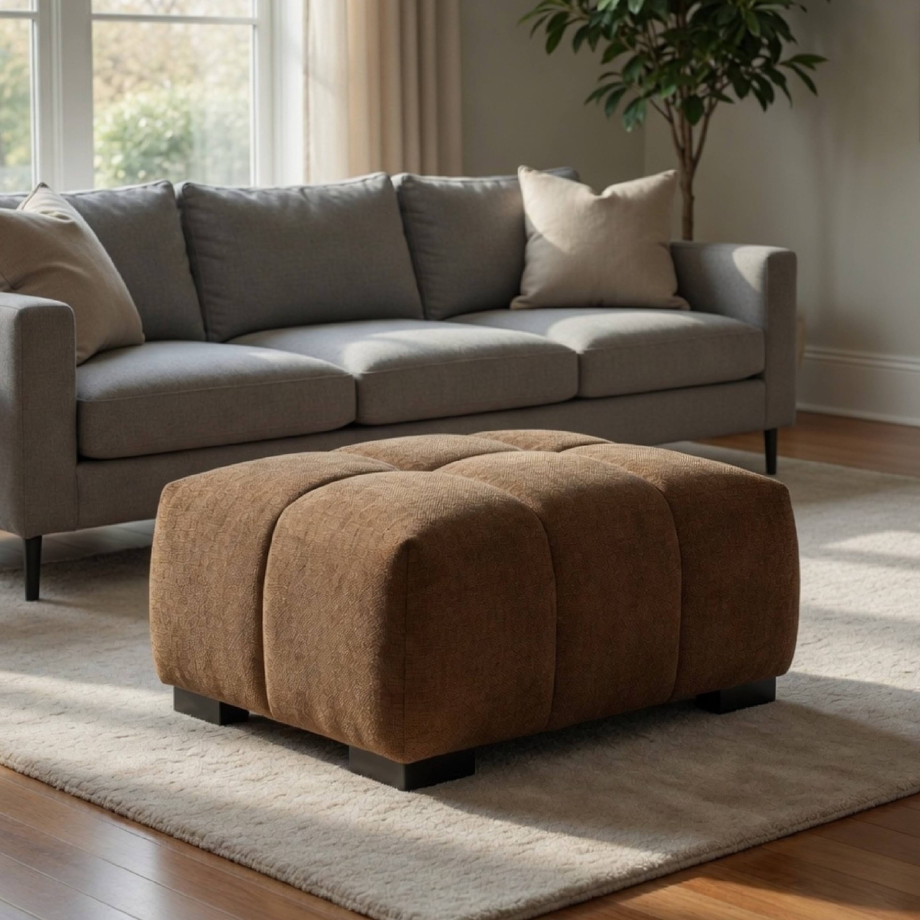 Alt View 8. Manhattan Lane - Hecy Ottoman, Grid Tufted, Plush Amber Brown Upholstery, 39 Inch - Amber Brown, Black.