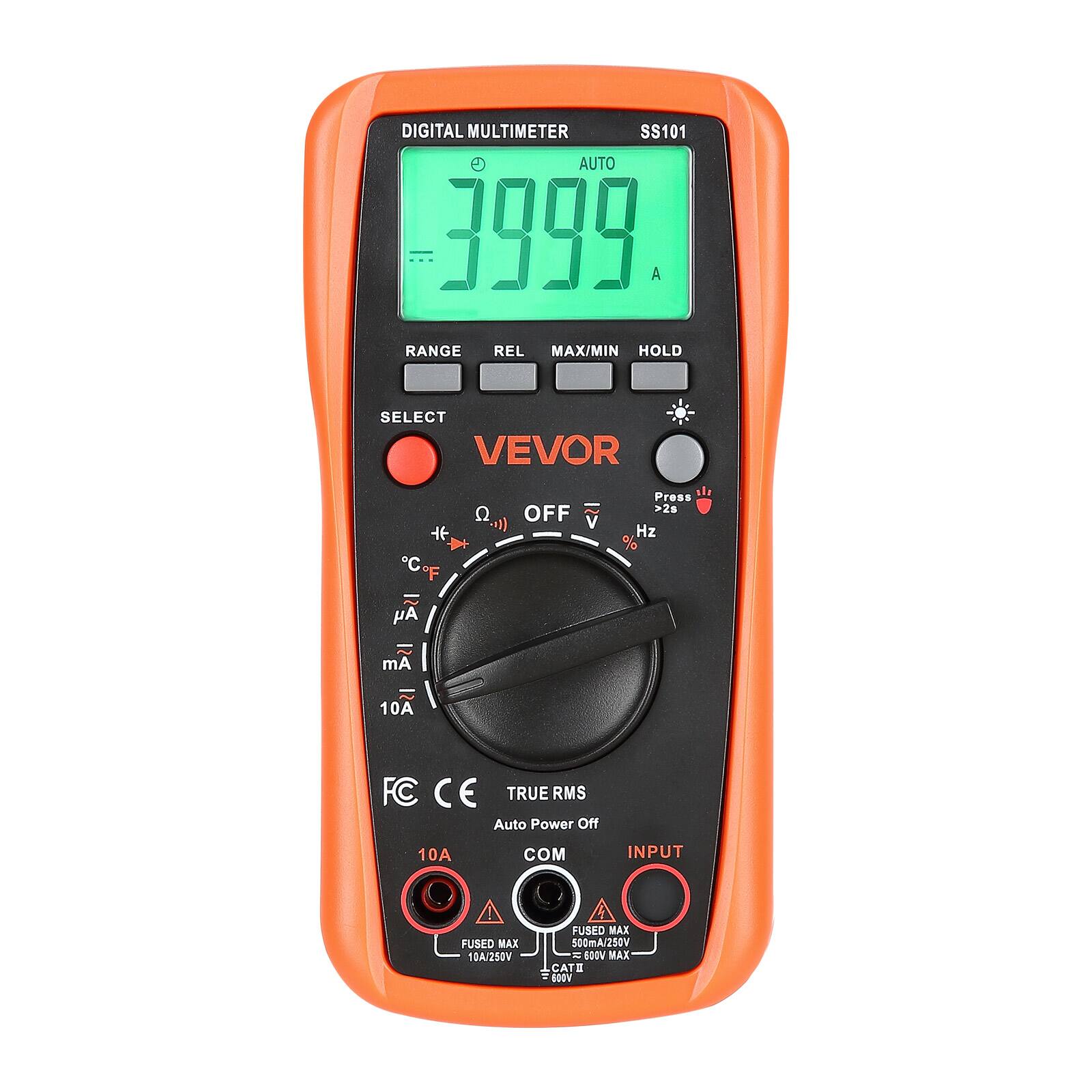 DIGITAL MULTIMETER SS101 AUTO 3999 A RANGE REL MAX/MIN HOLD SELECT VEVOR H C F Q OFF Press >26 Hz % Ay Am 10A FC C E TRUE RMS Auto Power Off 10A COM INPUT FUSED MAX 10A/250V FUSED MAX 500mA/250V 5 B00V MAX CAT 0 BOOV