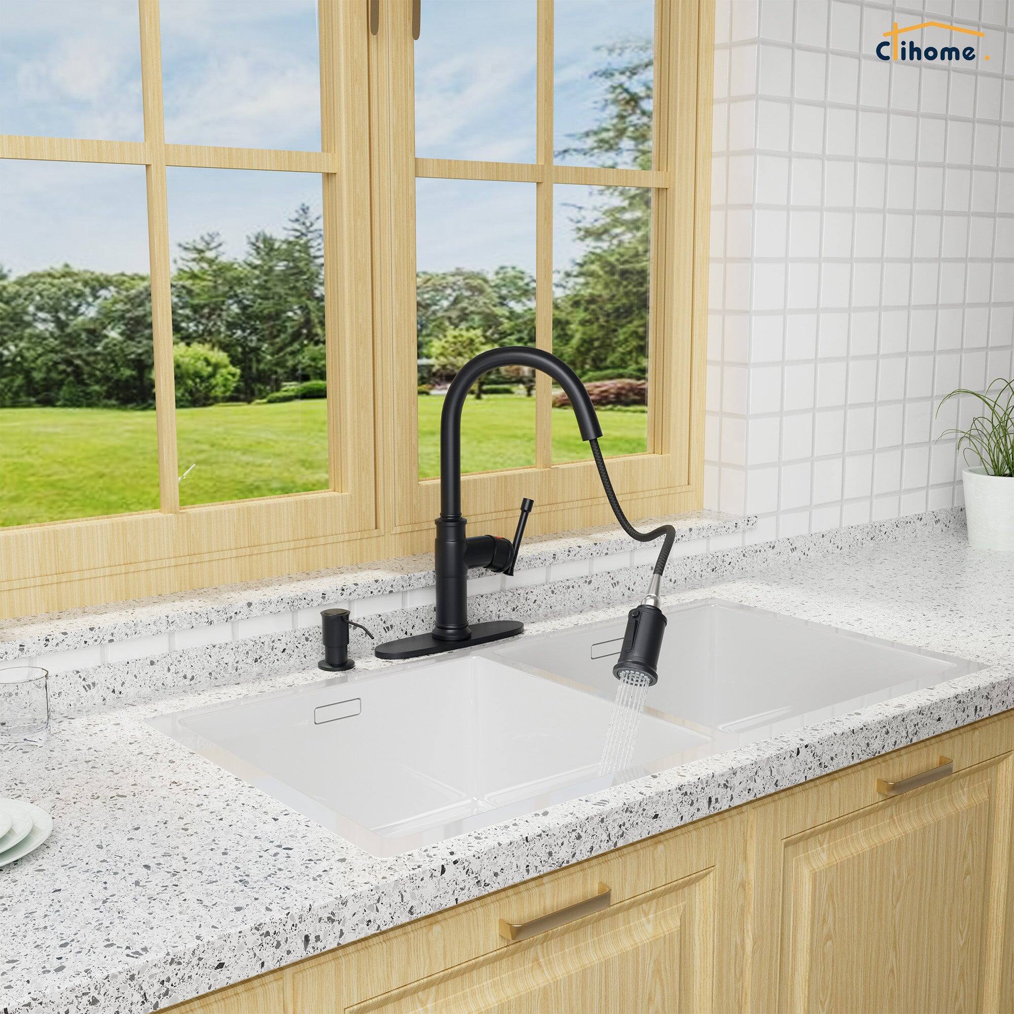 Angle. Boyel Living - 1.8 GPM Single Handle Pull Down Sprayer Kitchen Faucet with Soap Dispenser and Ceramic Cartridge in Matte Black - Matte Black.