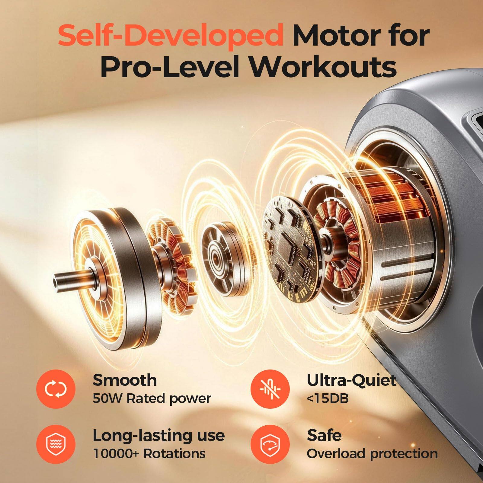 Self-Developed Motor for Pro-Level Workouts

- Smooth 50W Rated power
- Ultra-Quiet <15DB
- Long-lasting use 10000+ Rotations
- Safe Overload protection