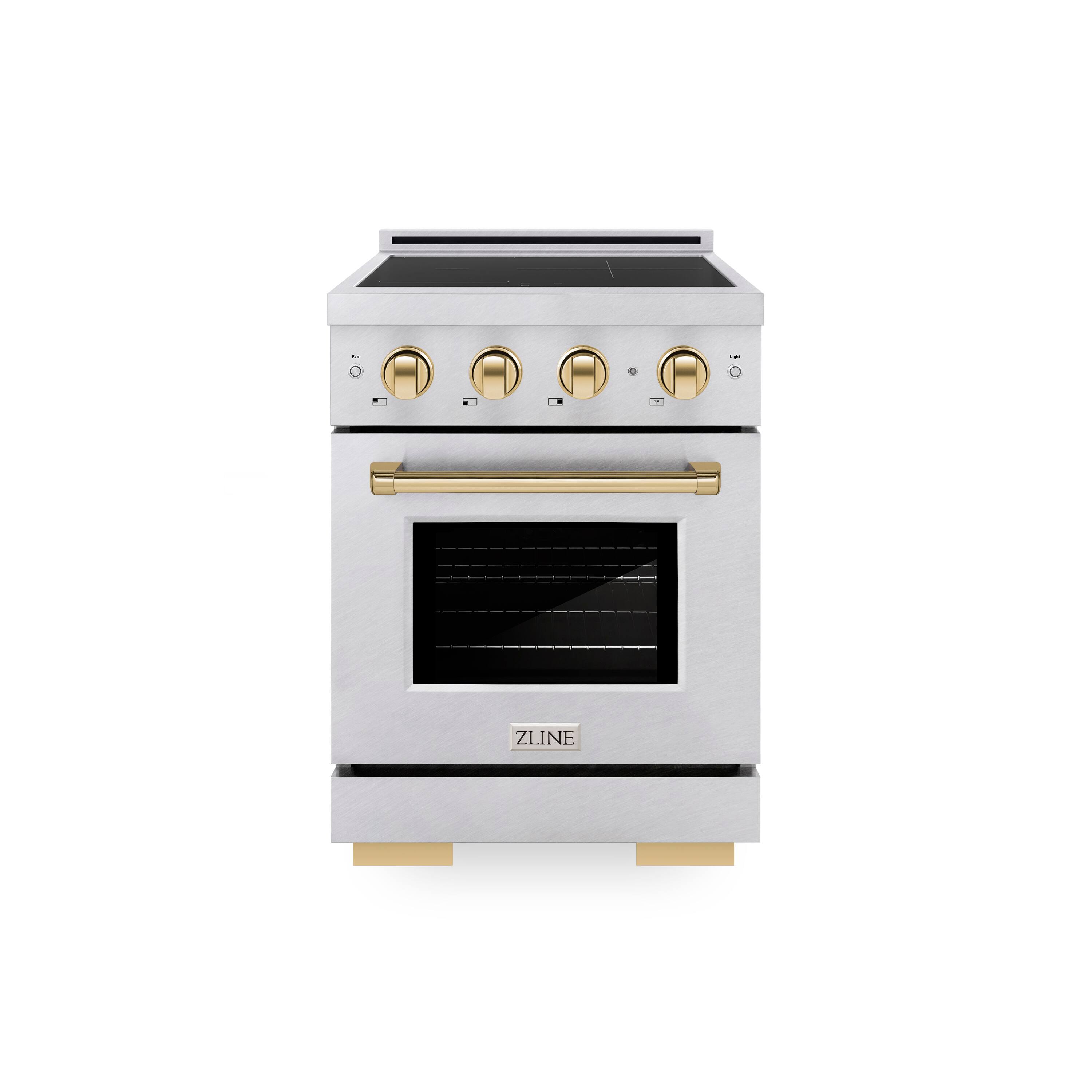 Front. ZLINE - Autograph 24 in. 3.2 cu. ft. Paramount Freestanding Induction Range with 3 Burners in Satin Steel with Gold Accents - Satin Stainless Steel.