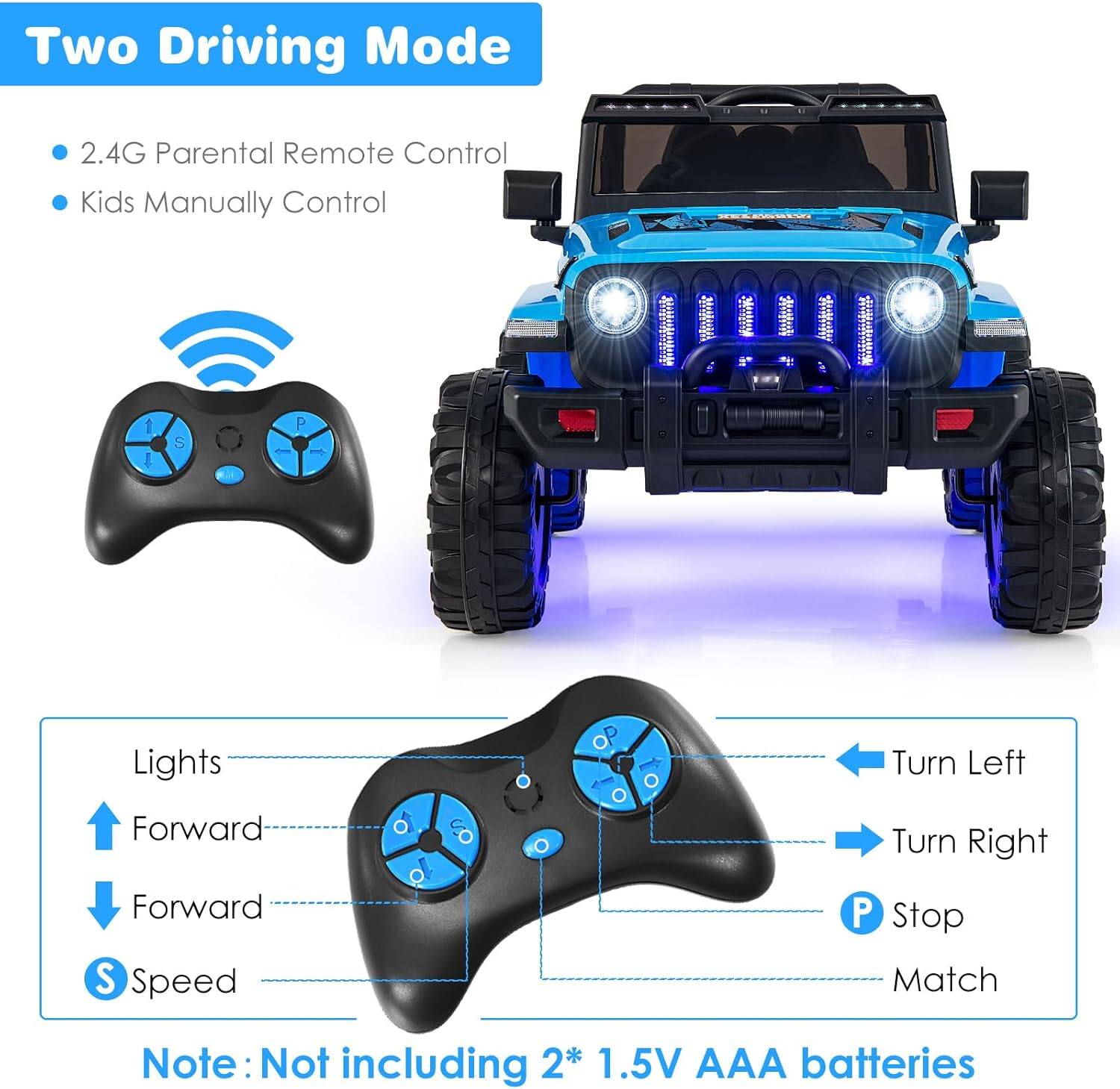 Two Driving Mode

- 2.4G Parental Remote Control
- Kids Manually Control

Lights
Forward
Forward
S Speed

Turn Left
Turn Right
P Stop
Match

Note: Not including 2* 1.5V AAA batteries