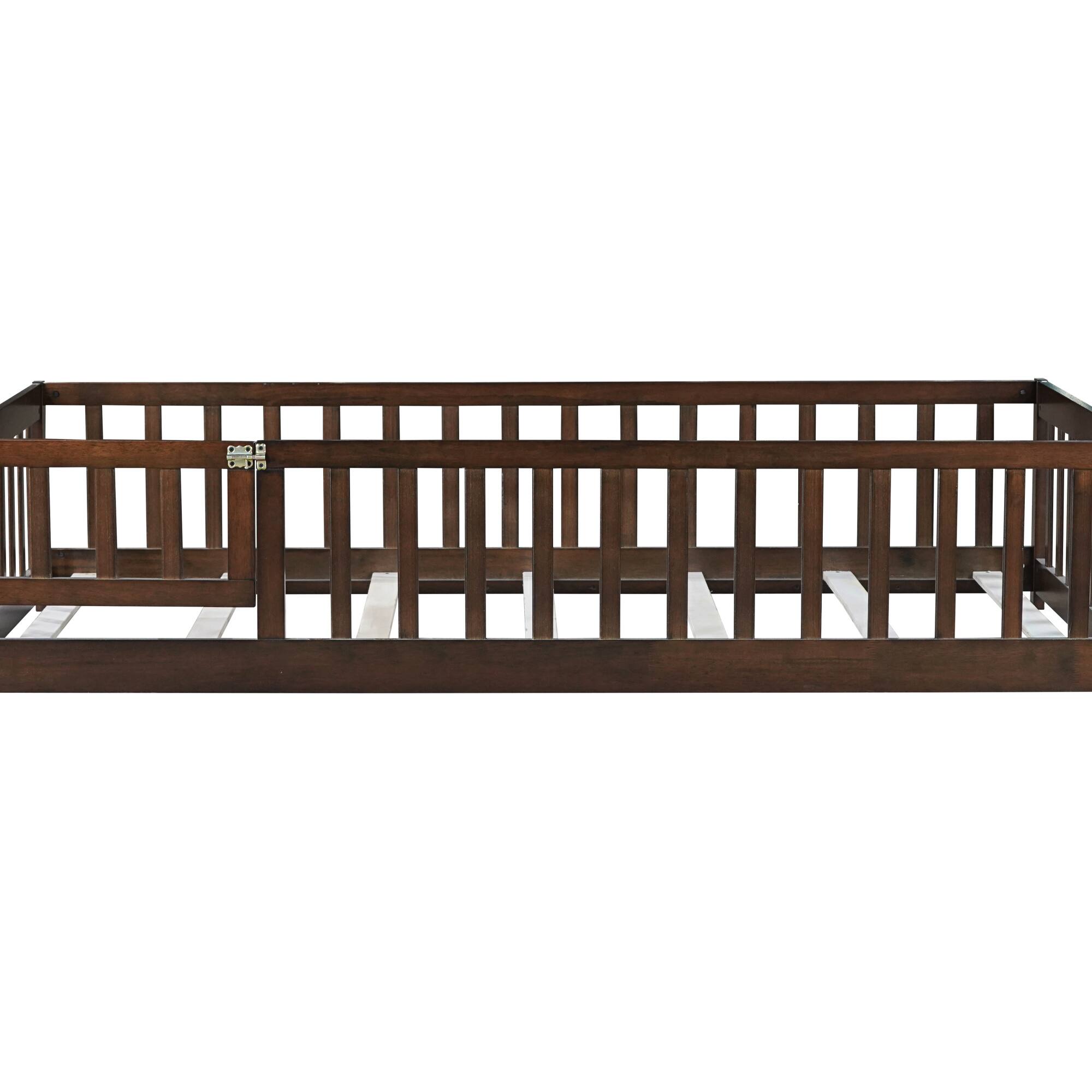 Alt View 10. GOODSILO - Twin Size Low-Profile Children's Floor Bed with Safety Guardrails and Entry Door, Natural Wood Finish - Espresso.