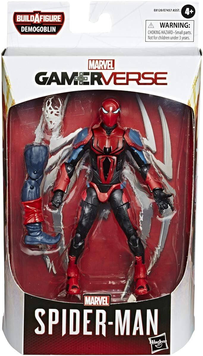Sure, here is the corrected and grouped text from the image:

---

**BUILD A FIGURE**  
**DEMO GOBLIN**

**MARVEL**  
**GAMERVERSE**

**MARVEL**  
**SPIDER-MAN**

**WARNING:**  
**CHOKING HAZARD - Small parts.**  
**Not for children under 3 years.**

**4+**

**E8120/E7457 ASST.**

**Hasbro**

---