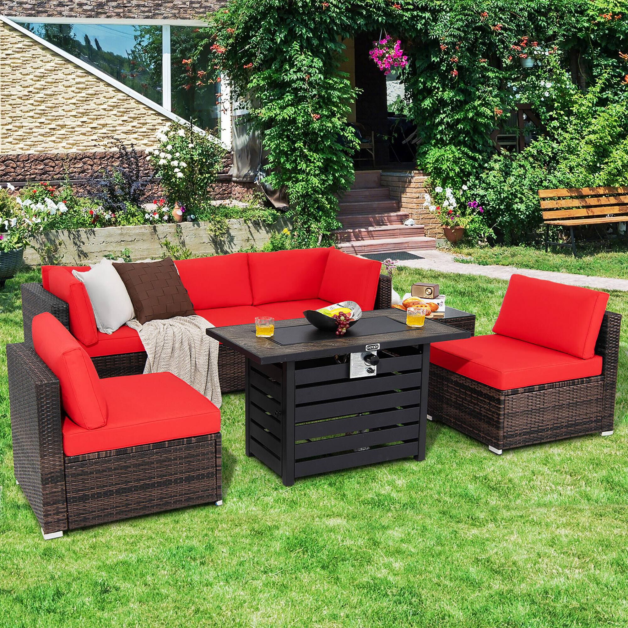 Alt View 2. Gymax - Gymax 7PCS Patio Rattan Furniture Set 42'' Fire Pit Table w/ Cover Cushioned Red - Red.