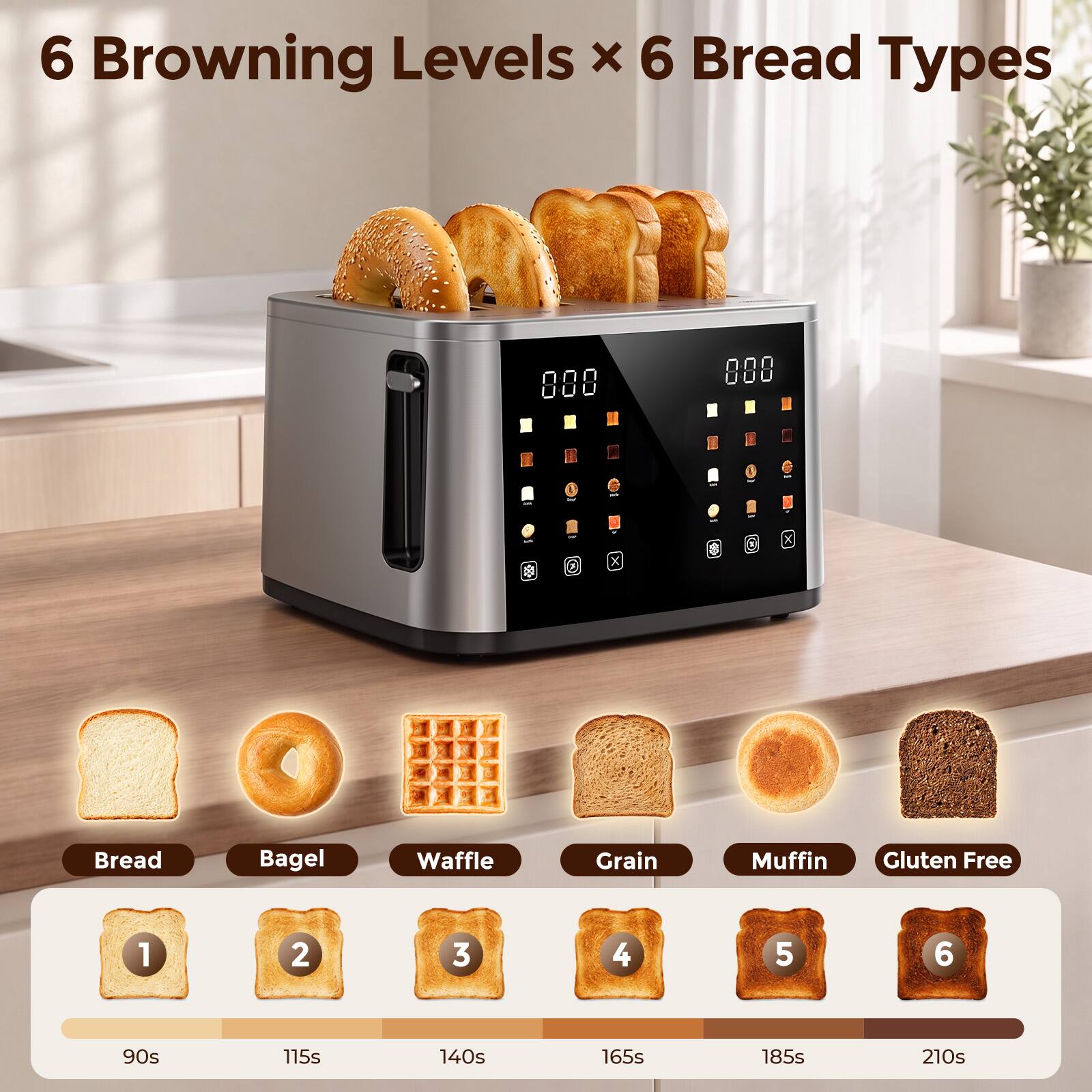 6 Browning Levels x 6 Bread Types

Bread
Bagel
Waffle
Grain
Muffin
Gluten Free

1 90s
2 115s
3 140s
4 165s
5 185s
6 210s