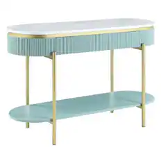 Front. Manhattan Lane - Ville 48 Inch Sofa Console Table, White Faux Marble Top, Teal Reeded Edge - White, Teal, Gold.