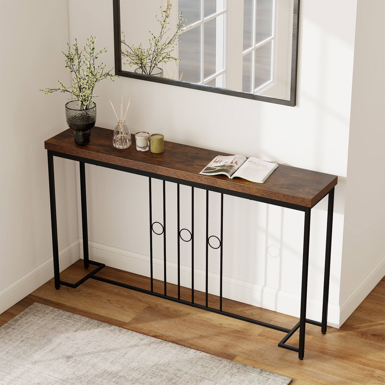 Alt View 3. Gymax - Gymax Industrial Console Table 55'' Narrow Table w/ H-Shaped Base & Spacious Tabletop - Brown.