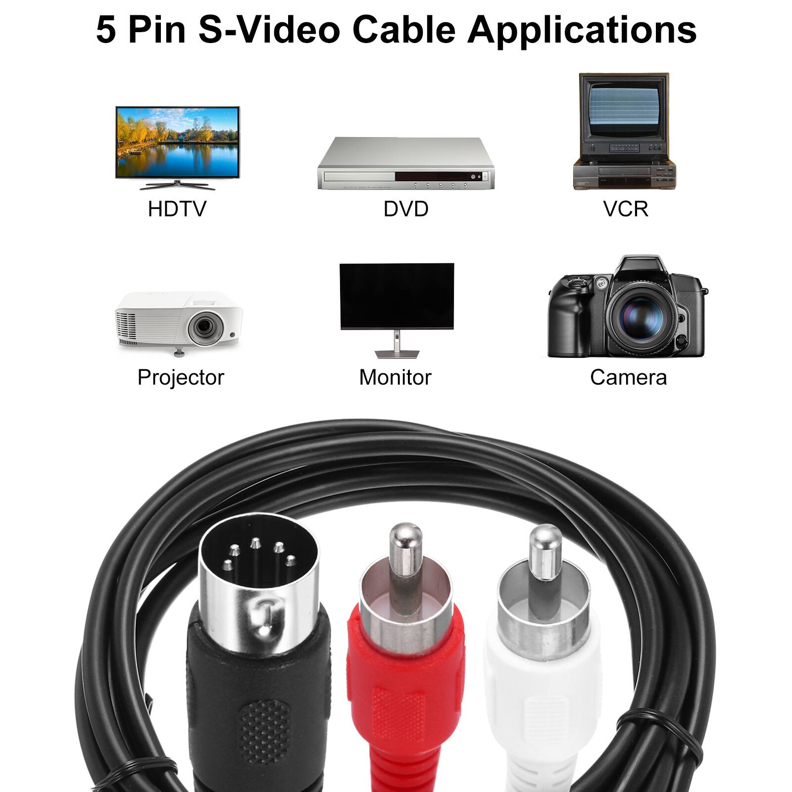 5 Pin S-Video Cable Applications

- HDTV
- DVD
- VCR
- Projector
- Monitor
- Camera
