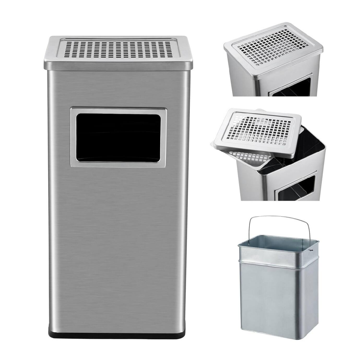 Front. GARVEE - Heavy Duty 30L Stainless Steel Kitchen Trash Can with Lid and Removable Inner Bucket - Commercial Square Recycling Bin - Silver.