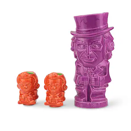 Front. ThinkGeek - Geeki Tikis Willy Wonka And The Chocolate Factory Mug Set | Ceramic Tiki Cups - Purple.
