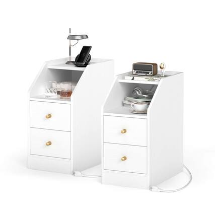 Front. Costway - Costway Set of 2 Side Tables with Charging Station Storage Drawers for Small Space Bedroom - White.