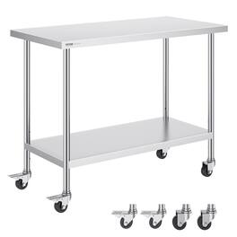 VEVOR - Stainless Steel Work Table 24 x 48 x 38 Inch, with 4 Wheels, 3 Adjustable Height Levels, Heavy Duty Food Prep Worktable - Silver
