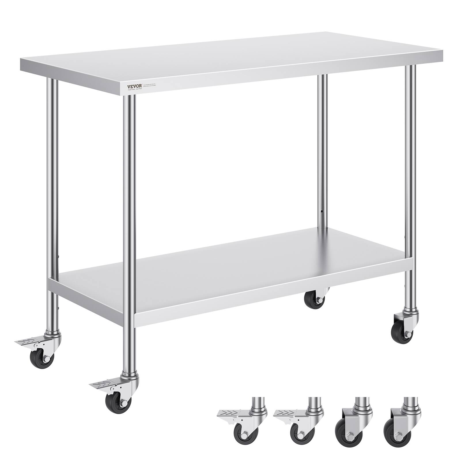 Front. VEVOR - Stainless Steel Work Table 24 x 48 x 38 Inch, with 4 Wheels, 3 Adjustable Height Levels, Heavy Duty Food Prep Worktable - Sliver.