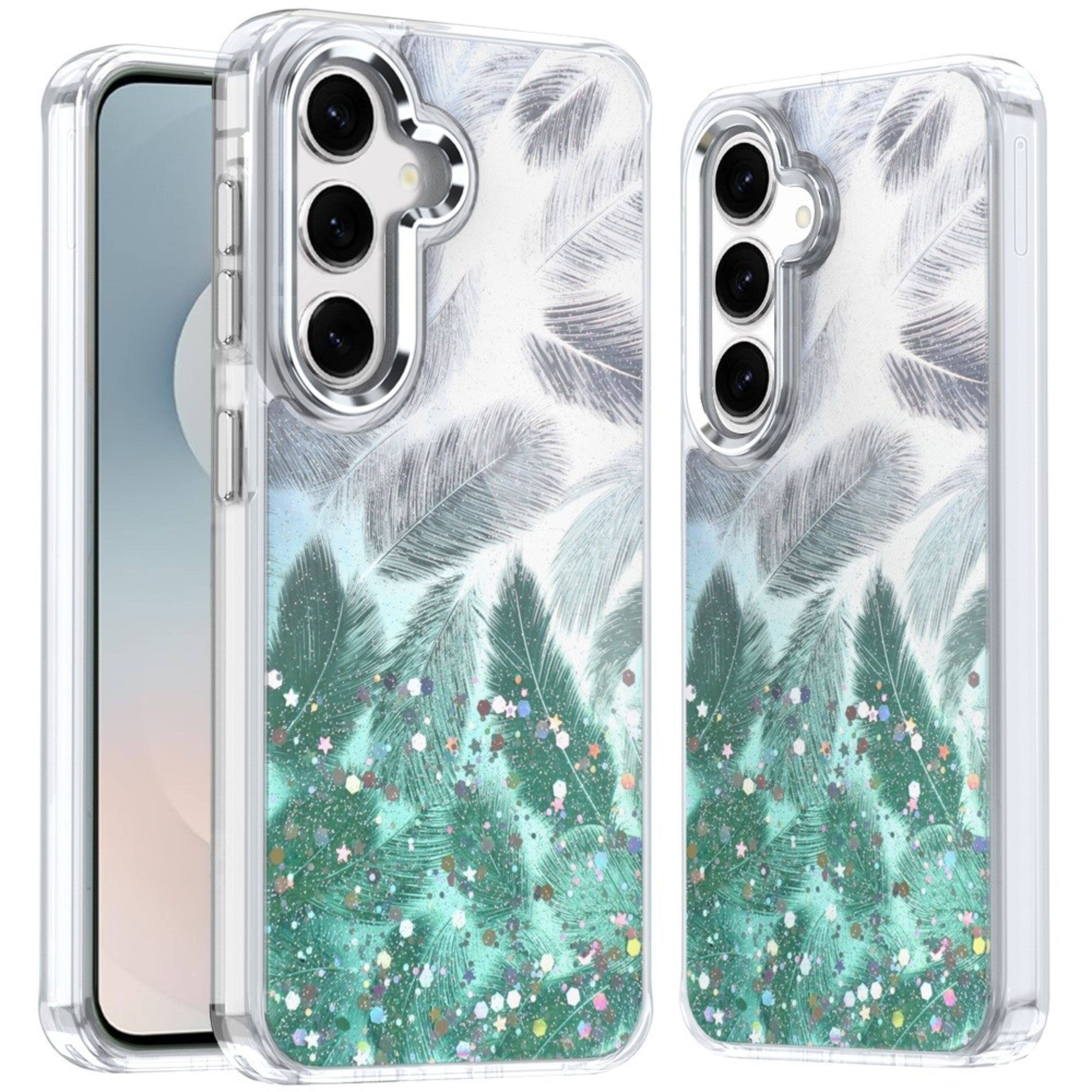 Front. Kitcheniva - Feathers Glitter Epoxy Cute Phone Cover Plus Tempered Glass For Samsung S25 FE Light Green - Light Green.