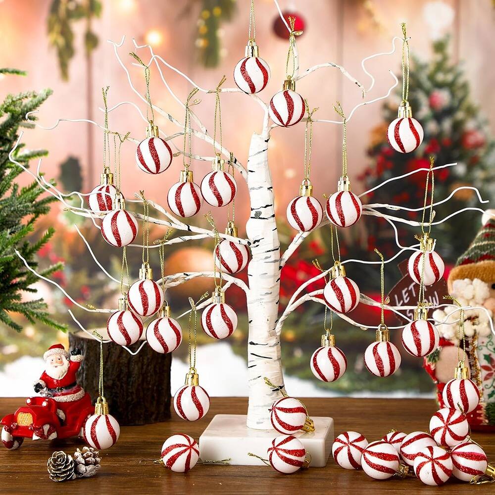 Back. PARKER SLATER - 60-Pc Mini Red & White Christmas Ball Ornaments – Candy Cane Tree Decor - Red + White.