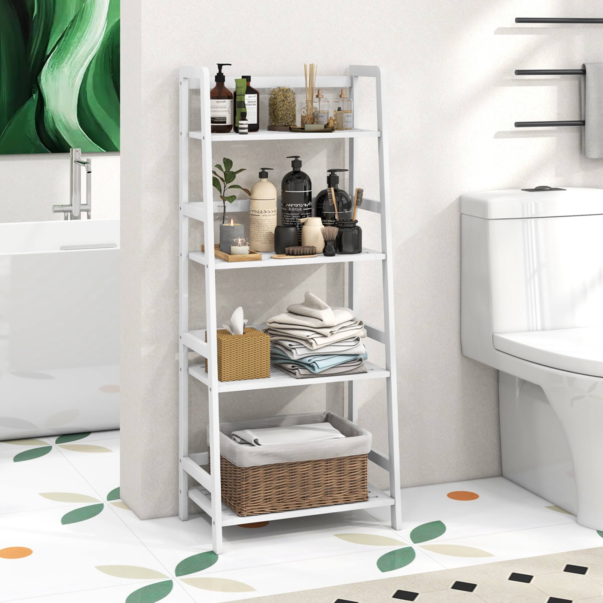 The image shows a bathroom with a white toilet and a shelf with toiletries on it. The shelf is filled with various items, including a basket, towels, and a bottle. There is also a sink in the bathroom, and a painting is hanging on the wall. The overall scene is clean and well-organized.