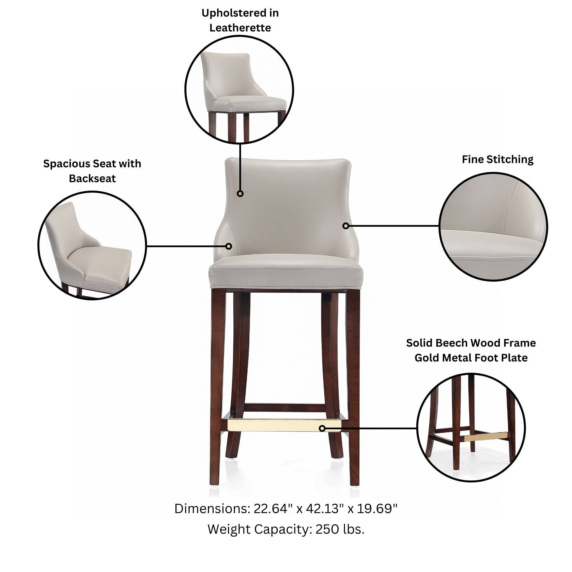 Upholstered in Leatherette  
Spacious Seat with Backseat  
Fine Stitching  
Solid Beech Wood Frame Gold Metal Foot Plate  
Dimensions: 22.64" x 42.13" x 19.69"  
Weight Capacity: 250 lbs.