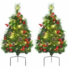 WELLFOR - 25 Inch Pre‑Lit Pathway Artificial Christmas Trees with 58 PVC Branch Tips &30 LED Lights,Set of 2 - Green