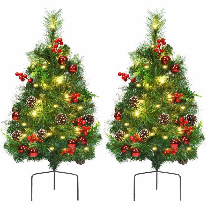 Front. WELLFOR - 25 Inch Pre‑Lit Pathway Artificial Christmas Trees with 58 PVC Branch Tips &30 LED Lights,Set of 2 - Green.