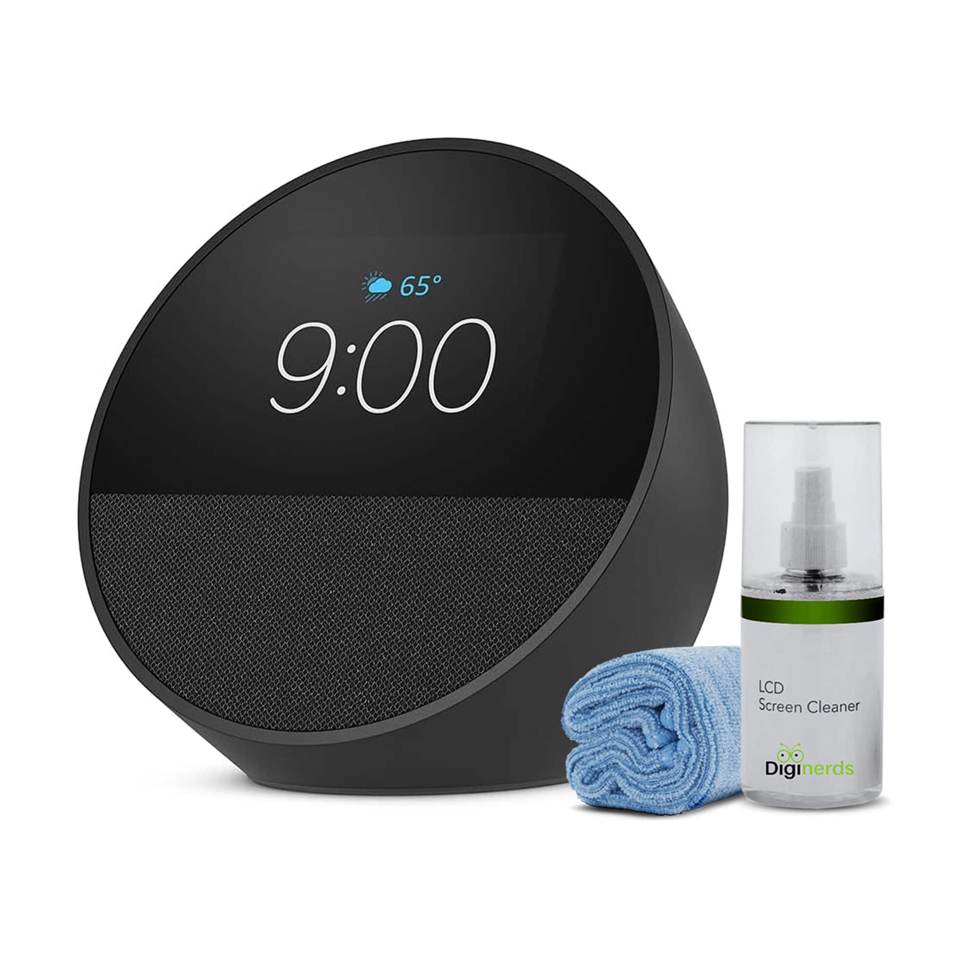 Amazon - Echo Spot (2024) Smart alarm clock w/ vibrant sound and Alexa - Screen Cleaning Kit - Black
