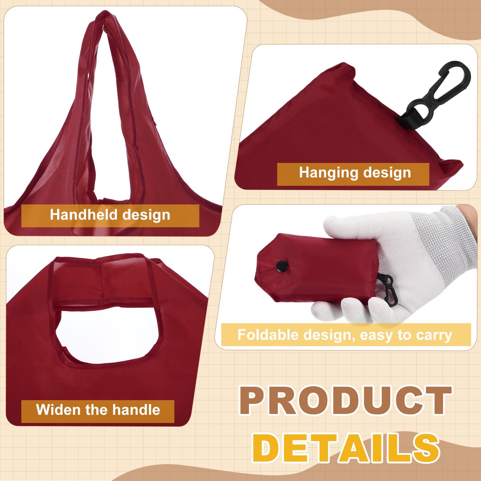 Hanging design  
Handheld design  
Foldable design, easy to carry  
Widen the handle  

PRODUCT DETAILS