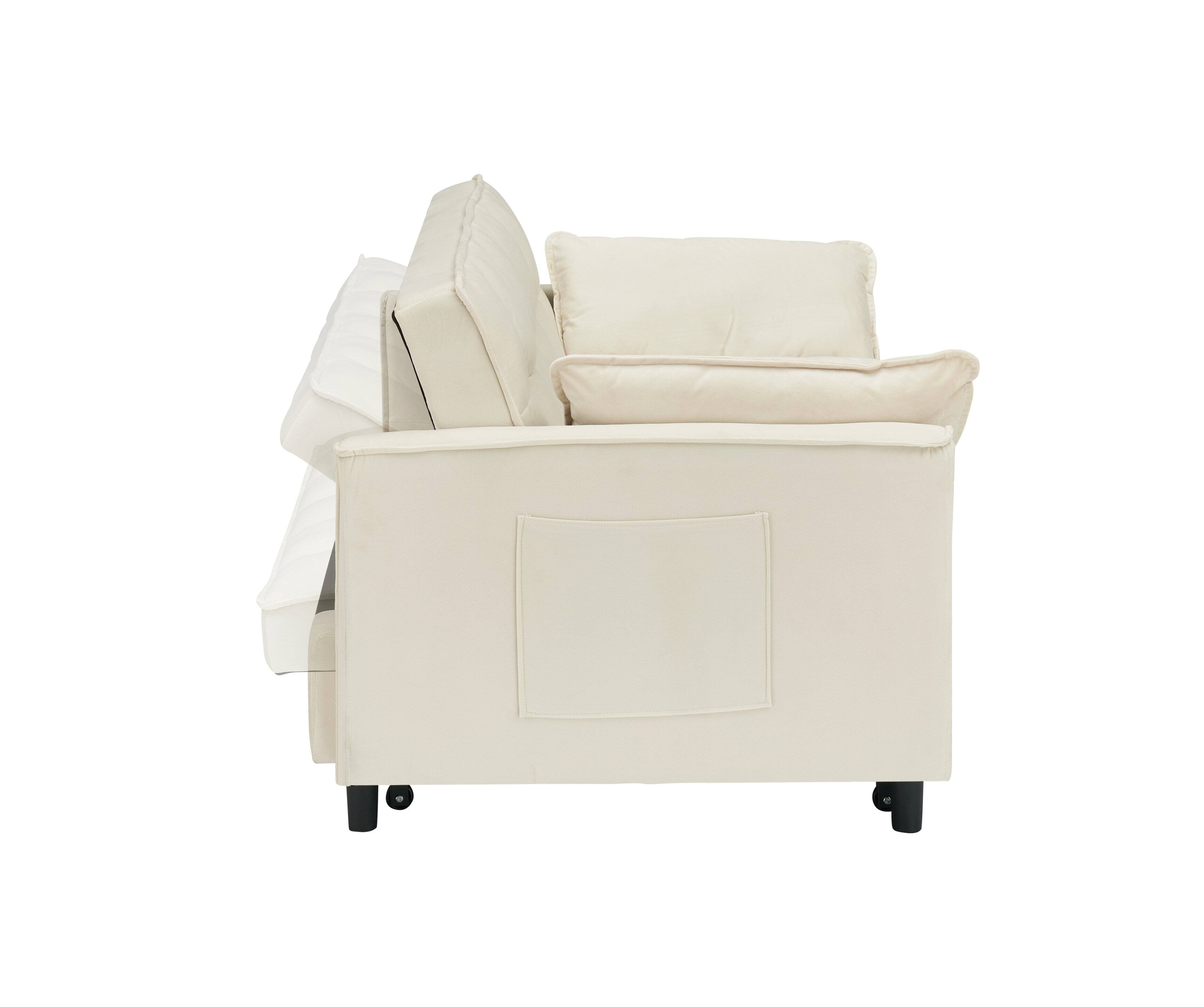Left. GOODSILO - Elegant 55-Inch Velvet Sofa Bed with Storage Pockets - Three-in-One Convertible Design - Beige.
