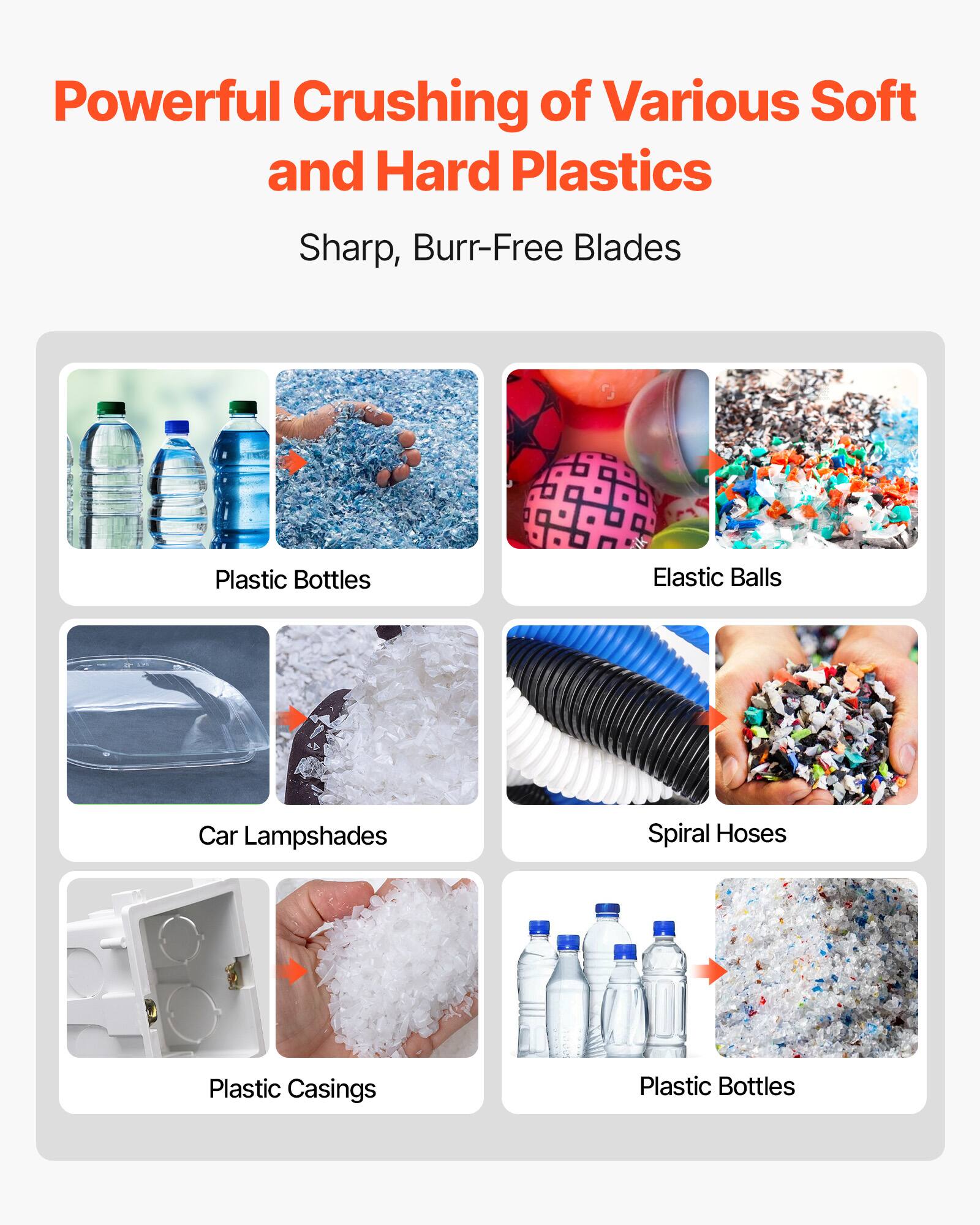 Powerful Crushing of Various Soft and Hard Plastics  
Sharp, Burr-Free Blades  

- Plastic Bottles  
- Elastic Balls  
- Car Lampshades  
- Spiral Hoses  
- Plastic Casings  
- Plastic Bottles