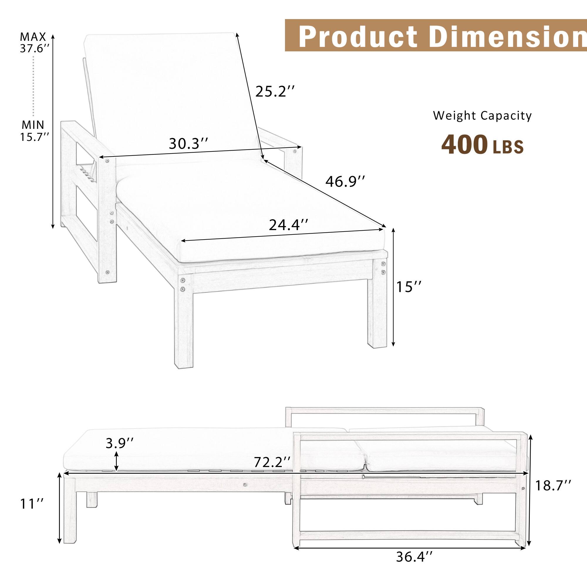 MAX 37.6"  
MIN 15.7"  
Product Dimension: 25.2" x 30.3" x 24.4" x 46.9" x 15" x 11" x 3.9" x 72.2" x 18.7" x 36.4"  
Weight Capacity: 400 LBS