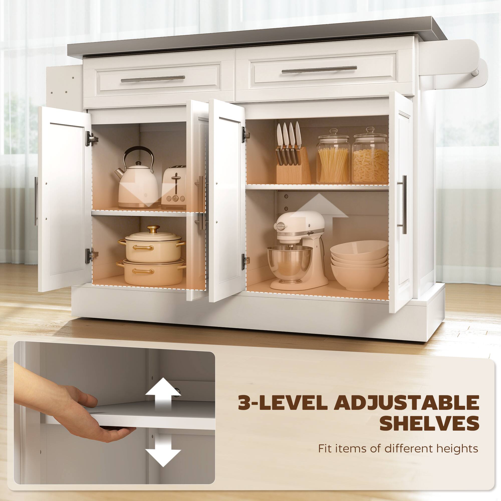 3-LEVEL ADJUSTABLE SHELVES  
Fit items of different heights