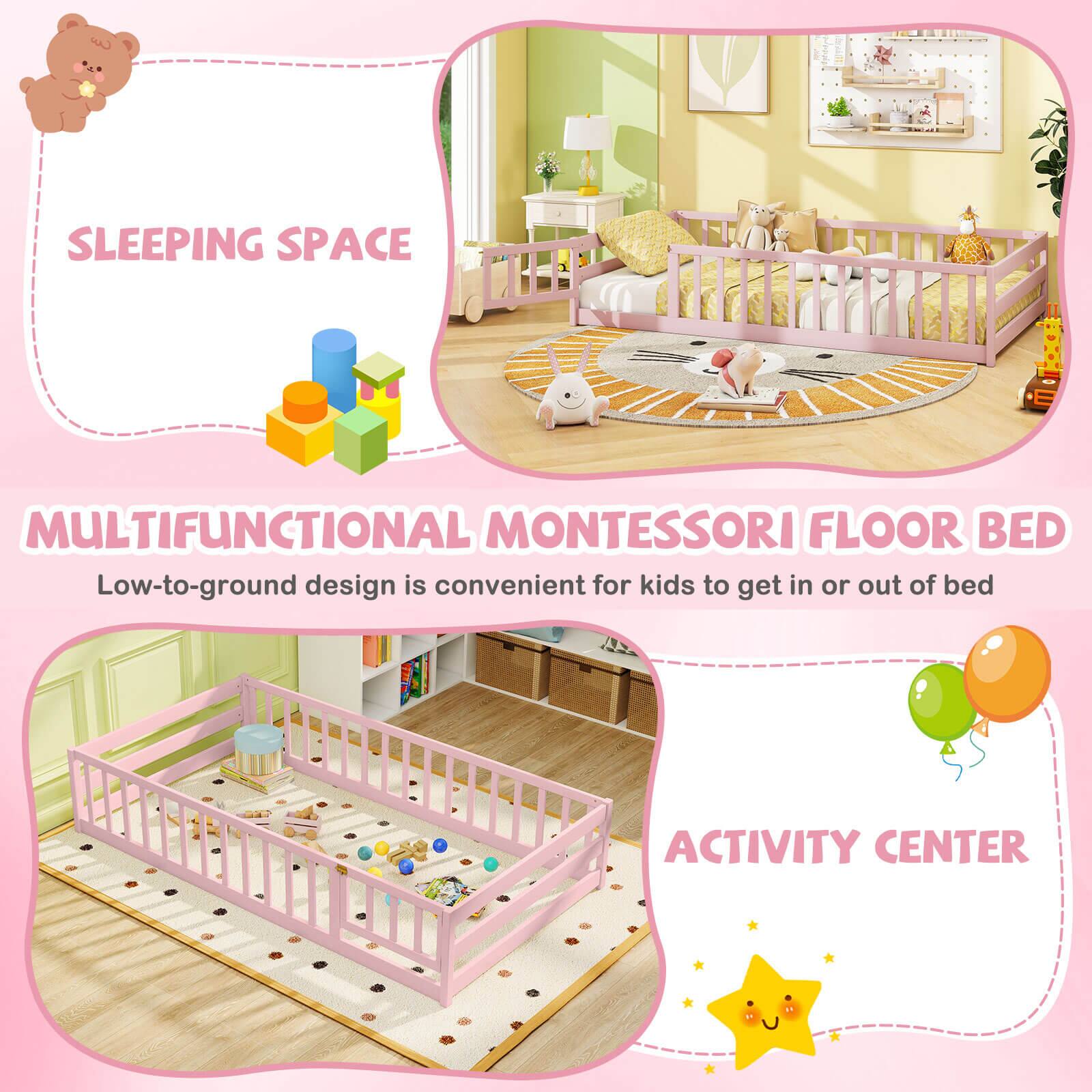SLEEPING SPACE

MULTIFUNCTIONAL MONTESSORI FLOOR BED

Low-to-ground design is convenient for kids to get in or out of bed

ACTIVITY CENTER