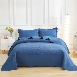 MarCielo - 2/3 Piece 100% Cotton Oversized Bedspread Lightweight Quilt Set - Midtone Blue