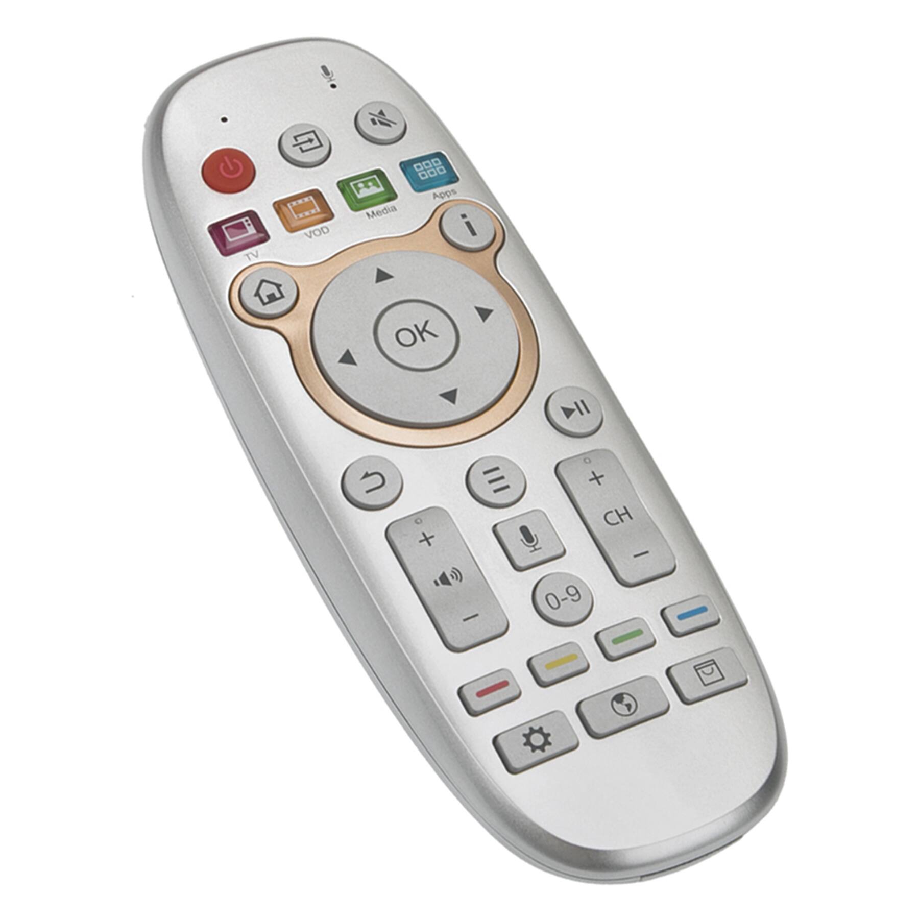 TV  
VOD  
DOD  
Media  
Apps  
OK  
CH +  
CH -  
0-9  
+  
-  
i  
Home  
Play/Pause  
Volume +  
Volume -  
Mute  
Settings  
Color buttons (Red, Green, Yellow, Blue)