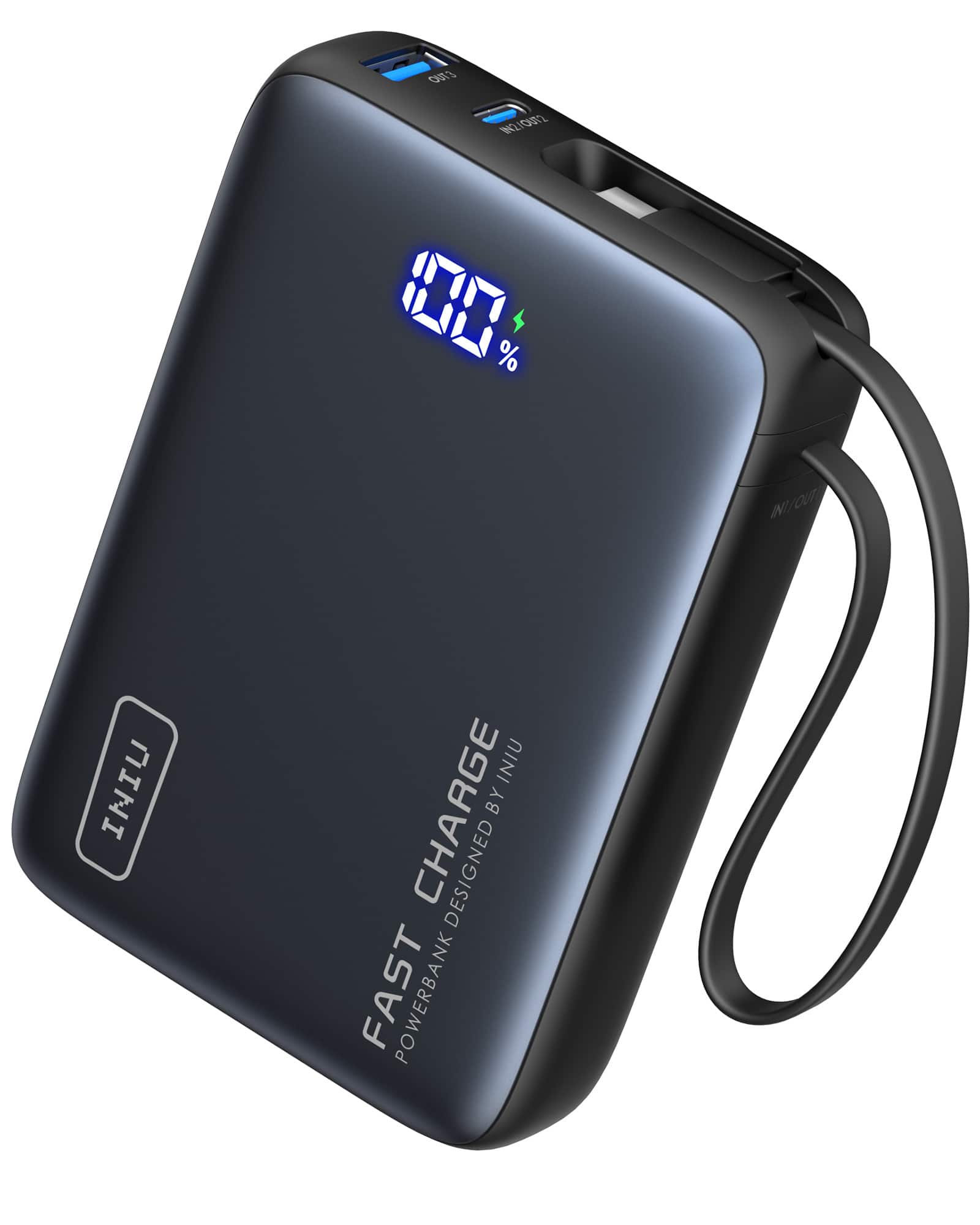 INIU - Pocket Power 20K Portable Power Bank with Built-In USB-C Cable (IN&OUT), 20000mAh PD 22.5W, for iPhone & Android - Black - Front_Zoom