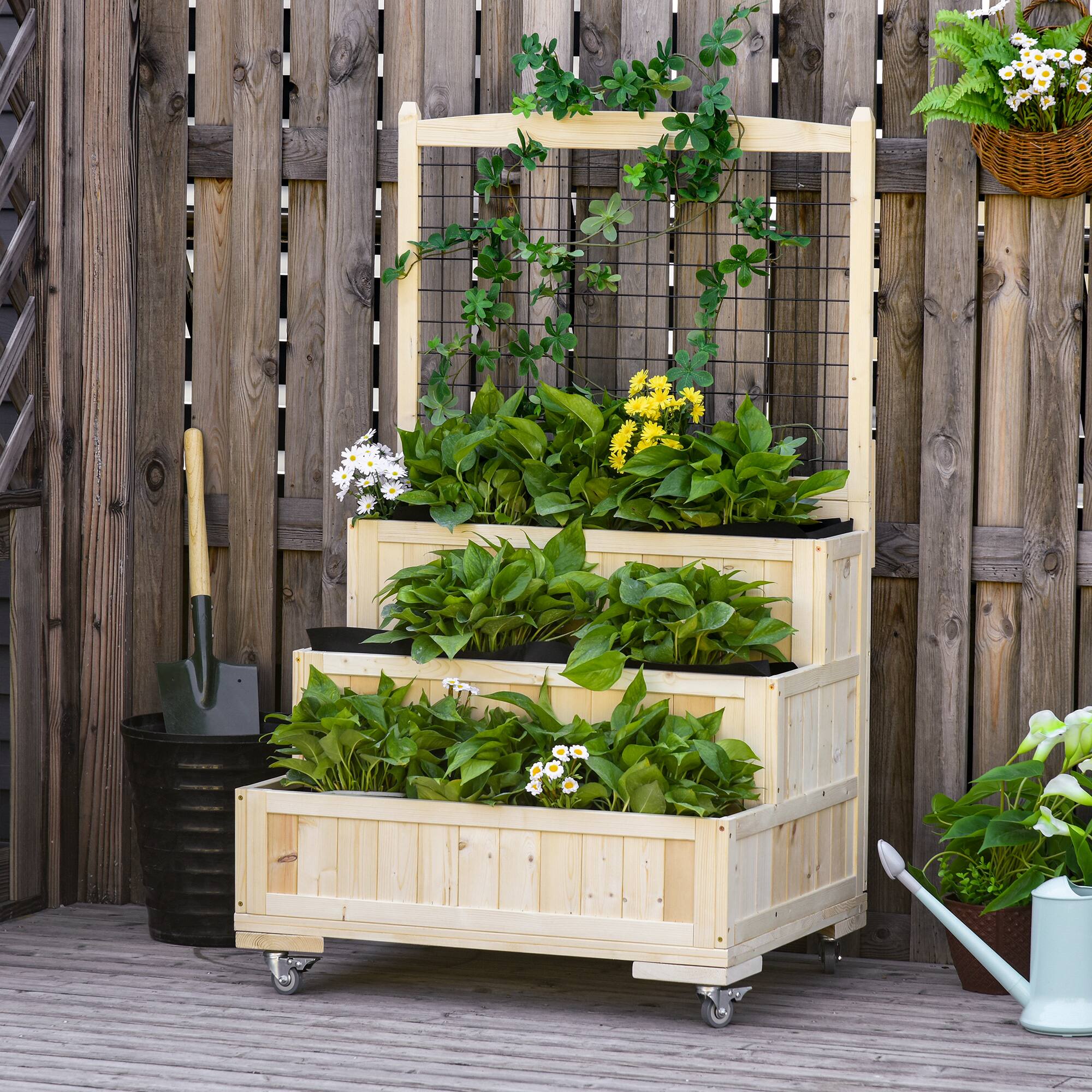 Alt View 1. Outsunny - 3-Tiers Raised Garden Bed with Trellis, 53" H Vertical Planter Box with Wheels & Back Storage Area, for Flowers - Natural Wood.