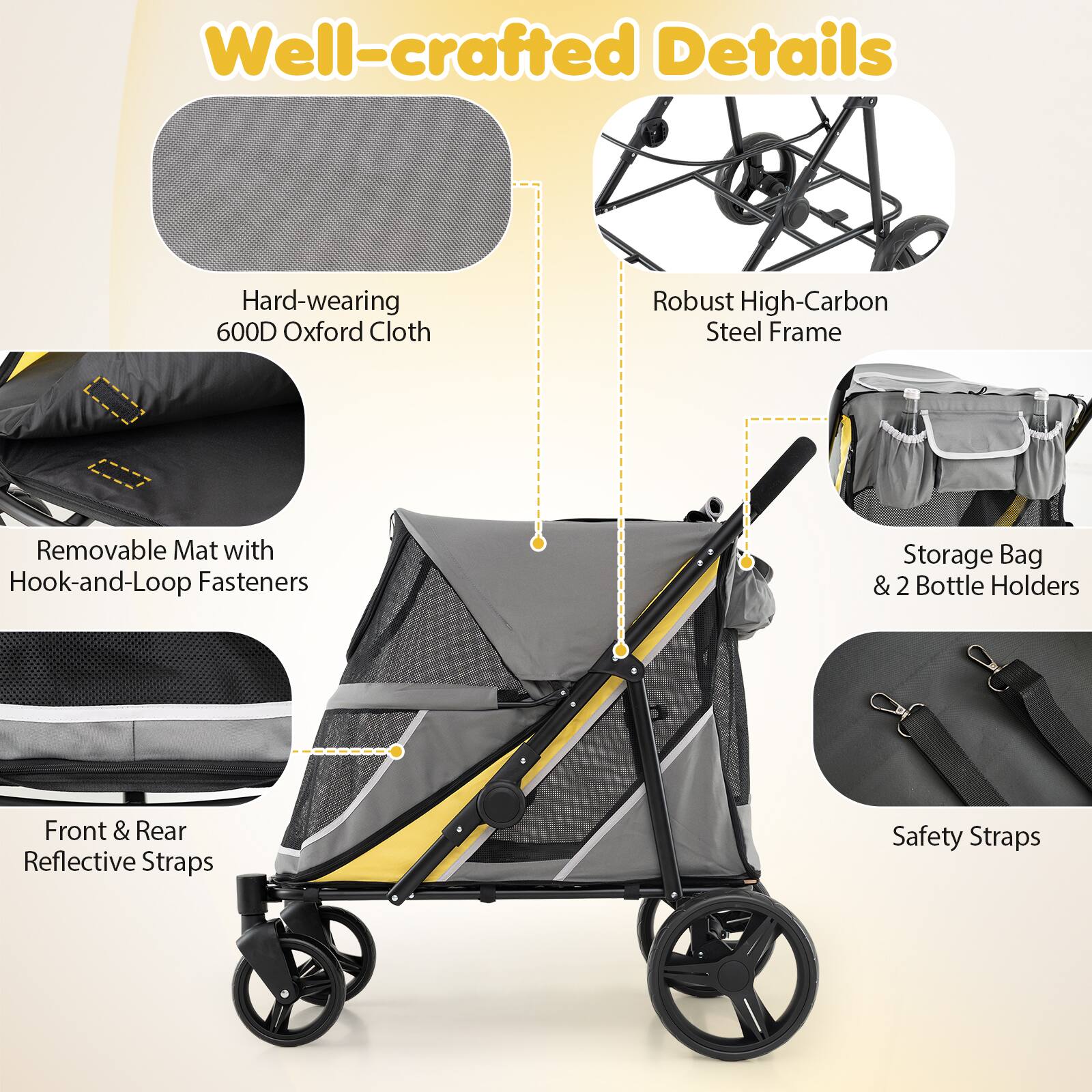 Well-crafted Details

- Hard-wearing 600D Oxford Cloth
- Robust High-Carbon Steel Frame
- Removable Mat with Hook-and-Loop Fasteners
- Storage Bag & 2 Bottle Holders
- Front & Rear Reflective Straps
- Safety Straps