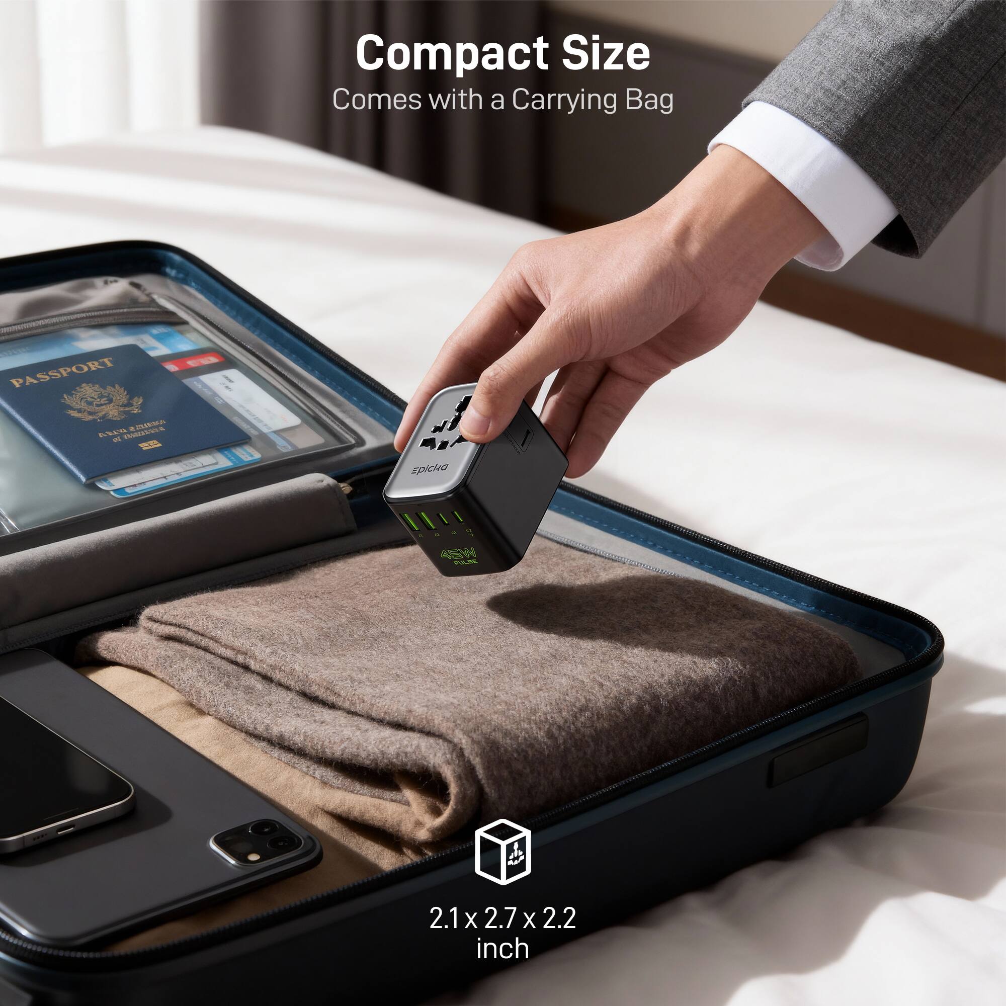 Compact Size  
Comes with a Carrying Bag  

PASSPORT  

2.1 x 2.7 x 2.2 inch