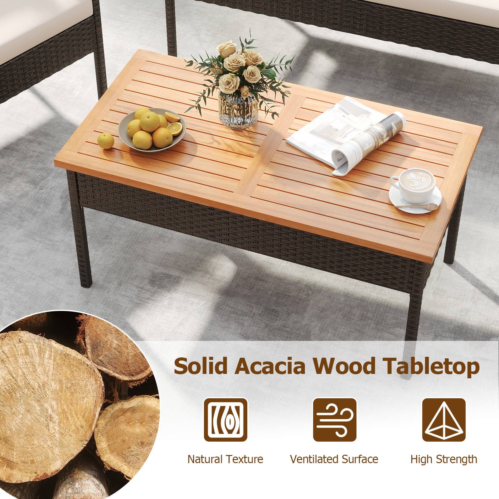 Solid Acacia Wood Tabletop  
Natural Texture  
Ventilated Surface  
High Strength