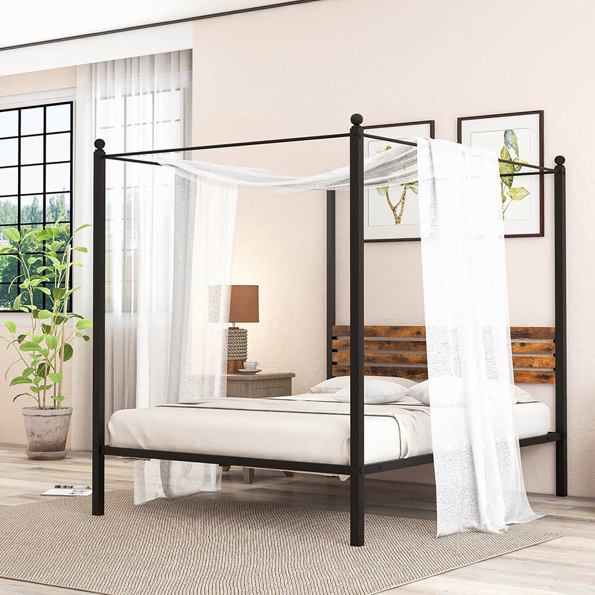 Gymax - Queen Size 4-Post Canopy Bed Frame Rustproof Metal Noise-free with Foot Pads - Rustic Brown + Black