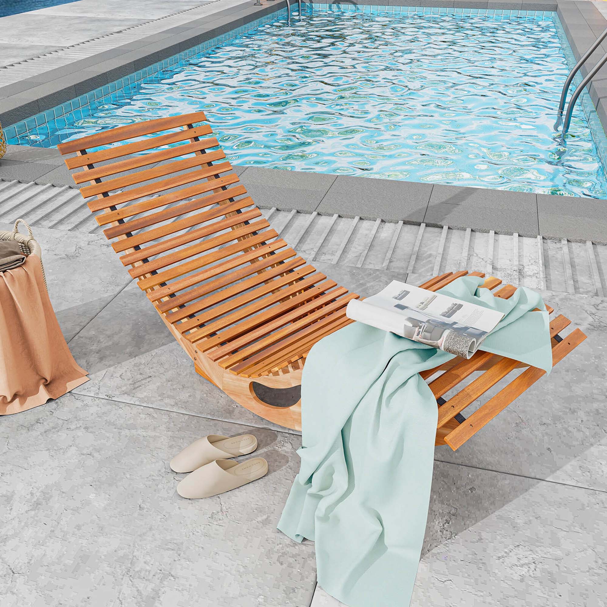 Alt View 4. Costway - Costway Outdoor Chaise Lounge with High Back Slatted Seat Stopper Outside Wood Rocker - Brown.